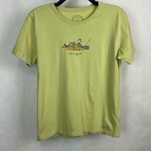Life Is Good Womens Tshirt Sz Small Green Short Sleeve Dog Radio Stick Figure